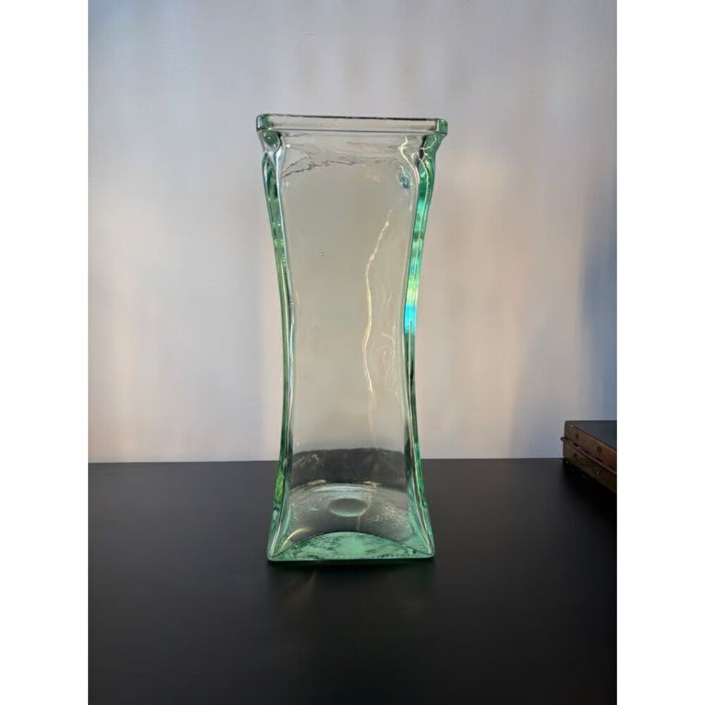 Vintage Green Art Glass Square Twist Vase 10 in
